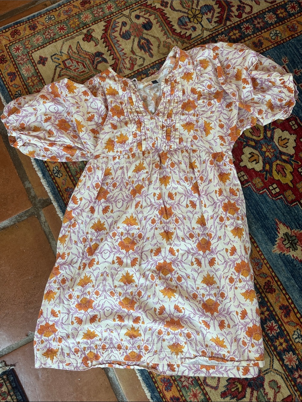 Universal thread Floral Puff-Sleeve Dress in Orange and Cream